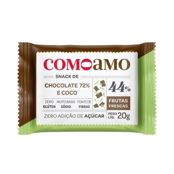 Snack Doce Chocolate 72% e Coco Zero - ComoAmo - Display 16 X 20g