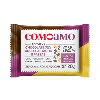 Snack Chocolate 72% Coco Castanhas e Passas- ComoAmo- Display 16 X 20g
