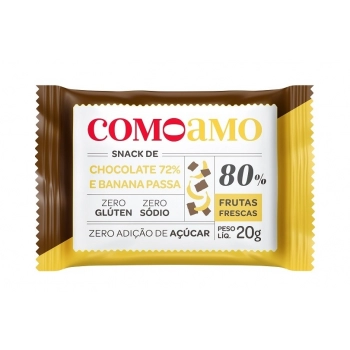 Snack Doce Chocolate 72% e Banana Passa - ComoAmo - Display 16 X 20g
