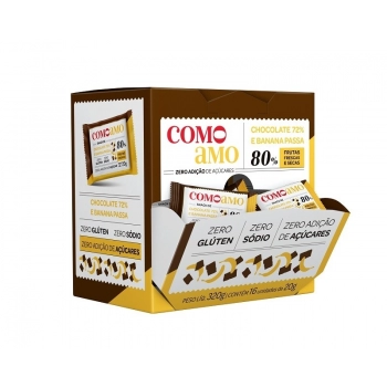 Snack Doce Chocolate 72% e Banana Passa - ComoAmo - Display 16 X 20g
