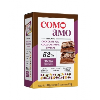 Snack Doce Chocolate72% Coco Castanhas Passas Zero - ComoAmo- SM 4x20g